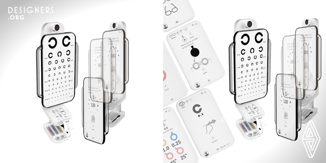 Intelligent vision test is a wall mount medical device that achieves the precision and convenience of vision testing with automation and sensing systems, which simplifies the cumbersome mode switching and calculation process. Through the fitting suggestions and voice interaction of the trial lenses, the glasses wearers have the best choice of lenses; the screen is designed to be lifted and stretched, which can meet the measurement of adults and children at one time.