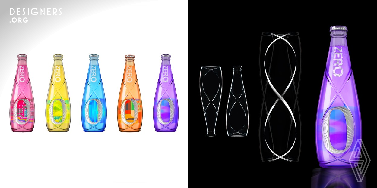 Zero is a kind of low-calorie drink. The infinity symbol is used to interpret the concept of midnight as both the end and the beginning. Moreover, figure 0 on the package uses to a 3D liquid metal process, while the illustrations on bottles are designed based on pioneer visual art, representing the low-calorie feature of the product and a futuristic style.