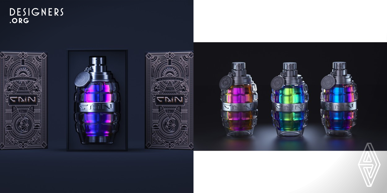 Cain Grenade is a fragrance for men. Grenade hard appearance design reflects the male domineer, refused to low-key. The beautiful and layered color, with angular shell contains the power of explosion. Use antique elements to form the lines of the outer box, simple and clear, reflecting the man's calm and elegance.The packaging box design use rich lines, and use several colors for contrast color matching, also add concave and convex texture technology, increase high quality feeling and aesthetics. 