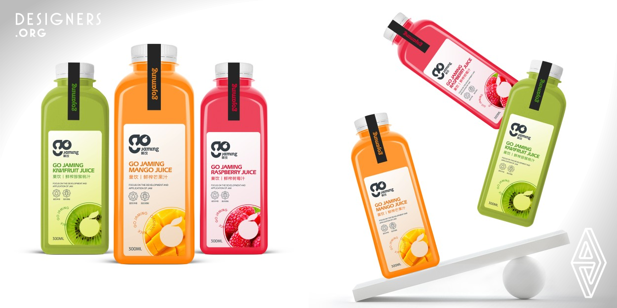 Gojaming juice packaging design uses the color corresponding to the fruit element as the main color of the packaging, which is convenient for consumers to have an intuitive association with the product. The design combines gojaming's logo with the freshly squeezed products. The logo element is expanded again and used as the main vision of the entire packaging, forming a unique visual identification symbol to achieve the unity of the brand visual chain.