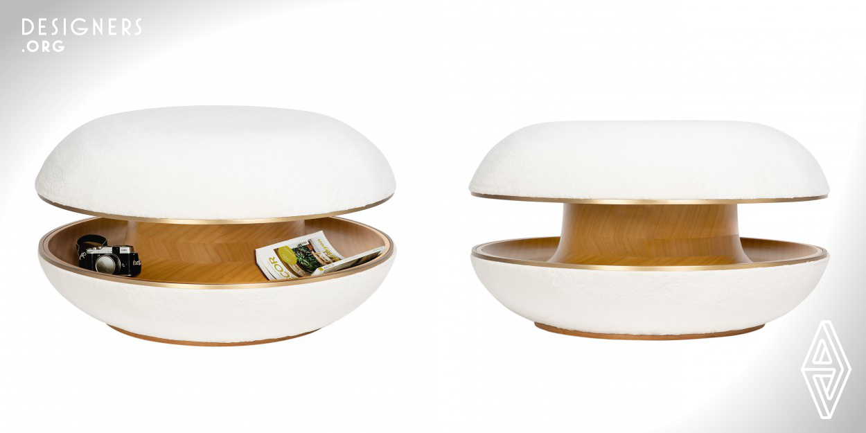 Berliner is a round seating unit with enhanced functionality for waiting lounges, offices and houses. The design provides additional storage space for magazines, books etc. in a practical and appealing way. Nestlike wooden core of the pouf stores objects securely and visibly to the user. Berliner is upholstered with faux fur for a soft velvety touch and to emphasize comfort. It is named after the famous German pastry, Berliner (A.k.a. Kraupfen), because of its resemblance.
