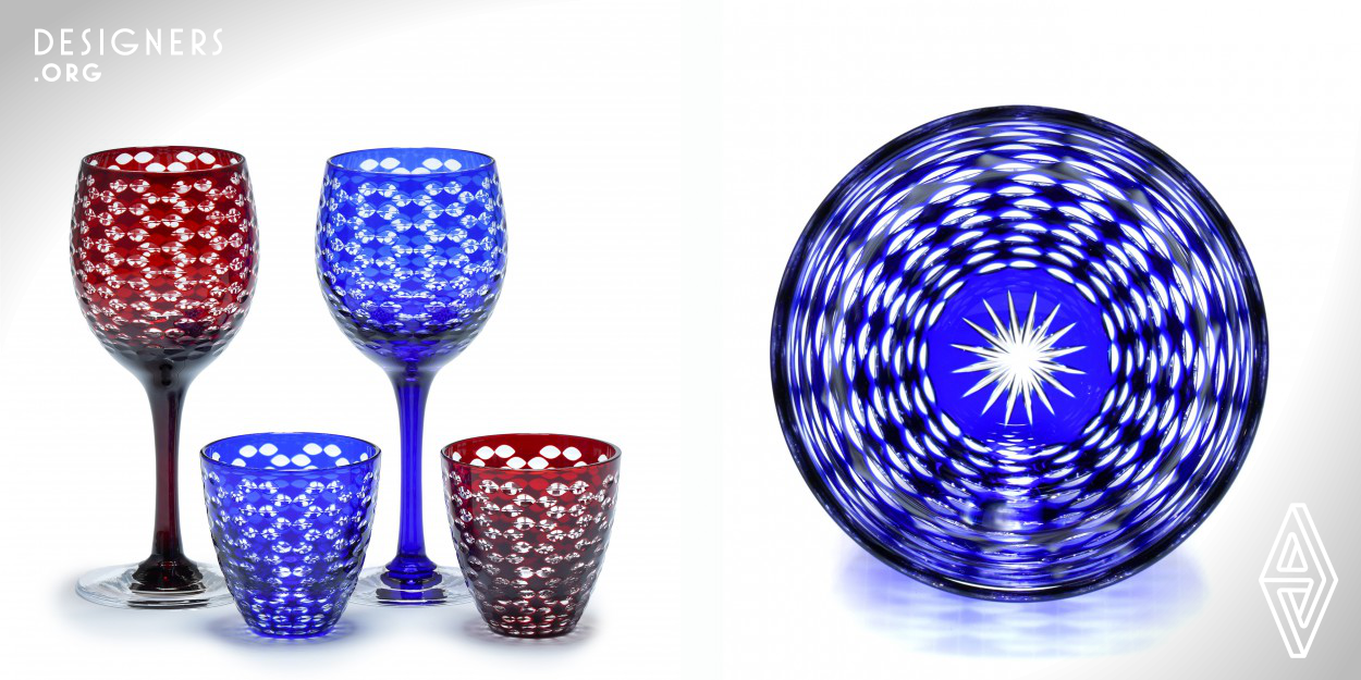Because of regularly arranging the motifs of matching cups that imagine a fun encounter, the design is full of dynamism that evokes vivid polka dots, splashes, or bait balls of a large school of fish spinning in the water. Additionally, when viewed from the side or top, the seams of the inner cup shine through or reflect while changing in various ways, giving people a sense of the dynamism of life and filling them with healing and happiness. There are multiple types of glassware, such as wine glasses, sake cups, plates, and rock glasses.