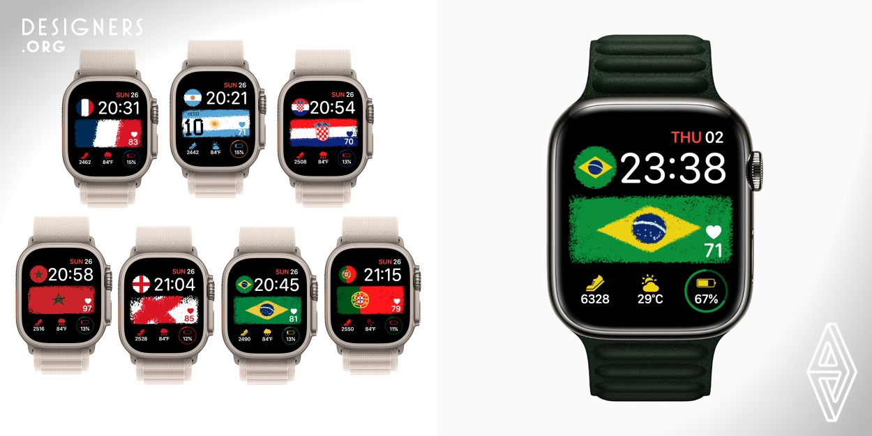 World Cup 2022 is a set of watch face designs on the Apple Watch for FIFA World Cup Qatar 2022. By placing the painting of the national flag at the center and occupying the majority of the space, it creates a bold and impactful visual that immediately draws attention to the colours and symbols of the country it represents. Against a black background, the colours of the flag stand out even more, providing a striking contrast that makes the design easily readable at a glance. Ultimately, by showing the heart rate on the flag, it makes the whole watch face resonate with the supporting fans.