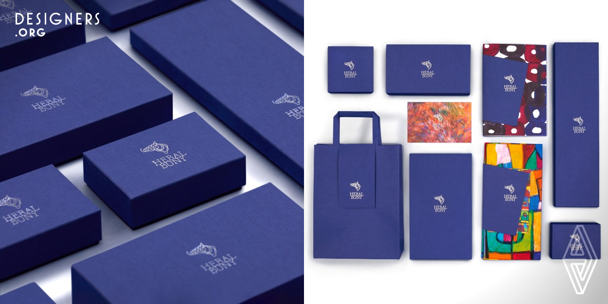 The Heralbony Package was created as branding for an art-life brand that sells art by artists with intellectual disabilities. Based on the brand concept of promoting the works of artists with intellectual disabilities, blue, the symbolic color of World Autism Day, was chosen for the brand color. In addition, one type of blue paper was selected as the brand's official paper out of more than 9,000 types of paper products from Japanese paper makers. By using only that blue paper for all brand tools that customers touch, a consistent worldview was designed.