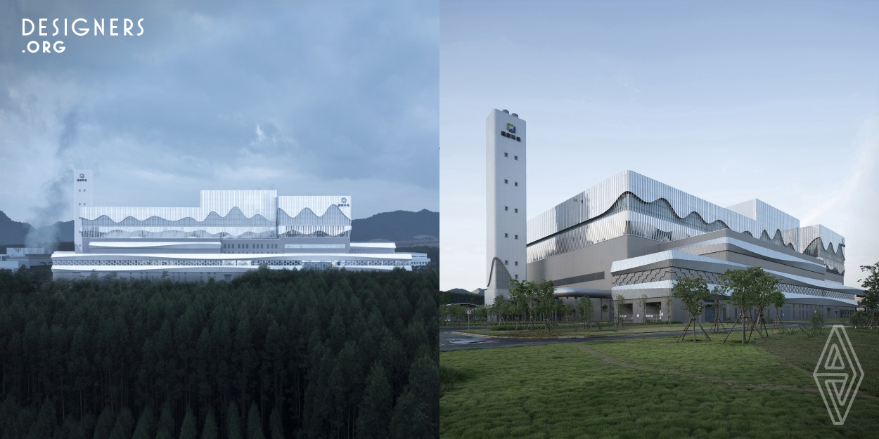 Backed by undulating karst mountains, this factory building draws its design language from the natural context. To the north of the site there is a bare plateau flattened by the mining of a cement factory. In order to respond to the nature and memory of the site, the facade of the building is featured by a pattern of undulating mountain range to visually remedy the damage to the mountains by human impacts, evoking the self-examination of human activities. The pattern of the mountain range is derived from the combination of four sets of trigonometric function curves through parametric design.