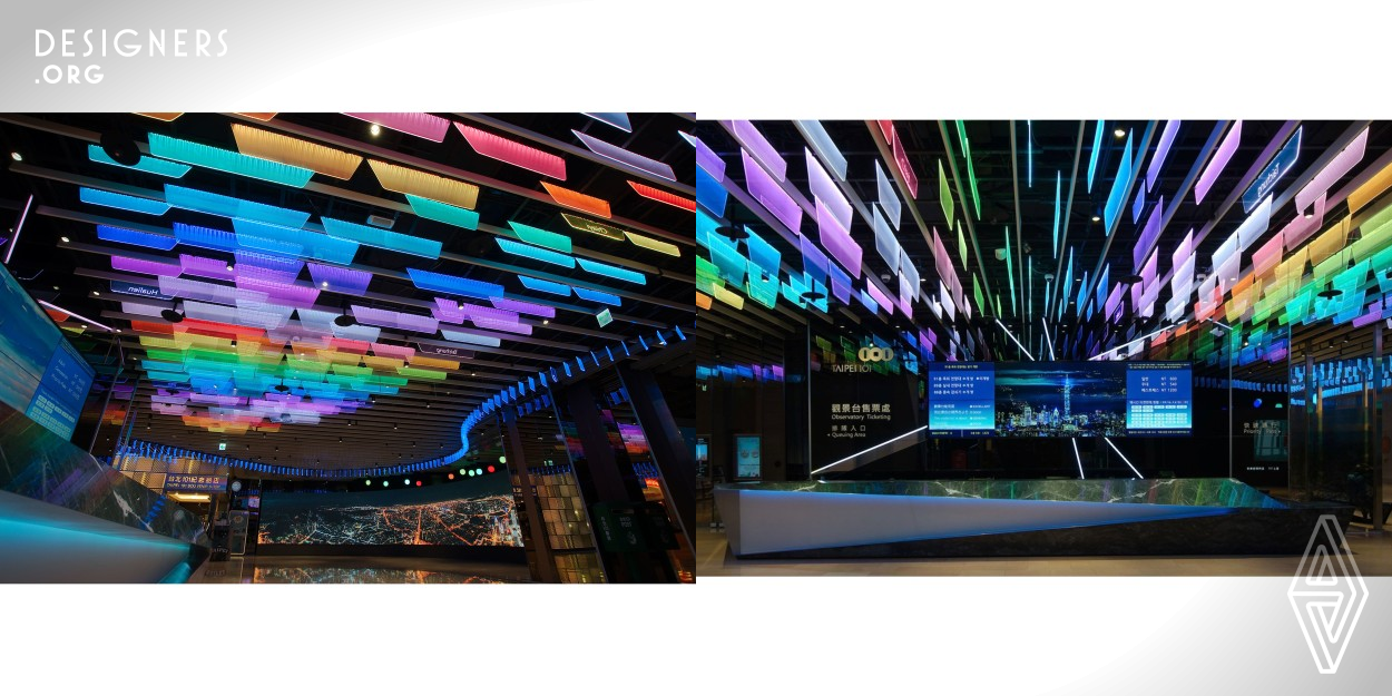 The project, located on the 5th floor of the iconic Taipei 101 building, serves as the gateway for tourists to experience Taiwan's rich culture and geography. The goal is to create a welcoming and memorable experience for visitors while also maximizing commercial benefits. The wall lights are uniquely carved with family names written in traditional characters, while the front desk is designed to resemble Taiwan's highest peak, Jade Mountain.