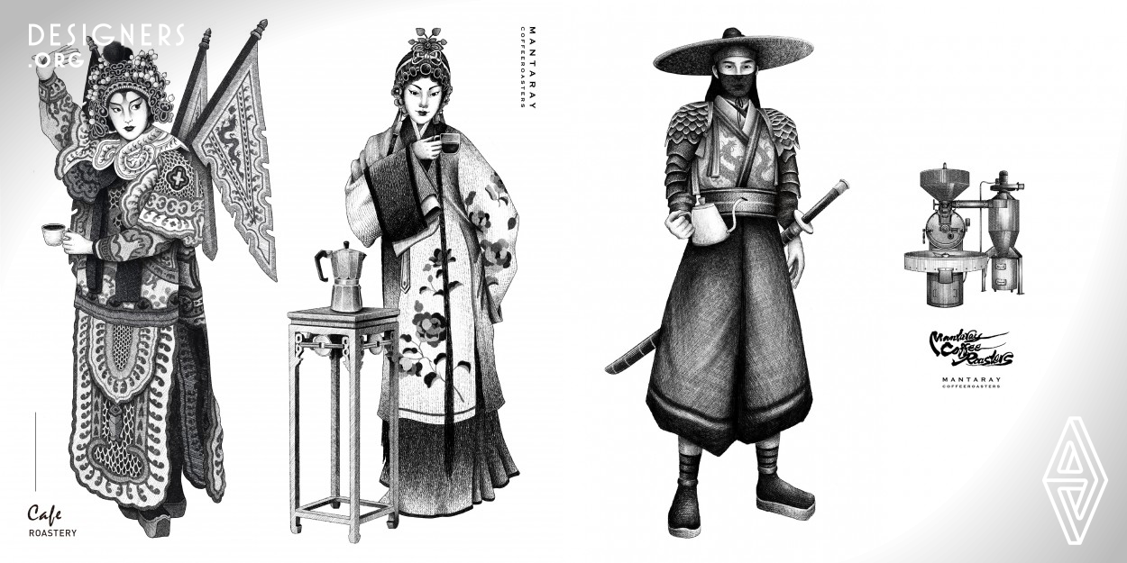 This is an illustration created for a Chinese-owned coffee brand. The work combines Chinese and Western cultures, replacing characters in ordinary advertisements with characters in Peking Opera. The works are full of details, and people can find details about coffee in the illustrations and become interested in traditional Chinese culture.