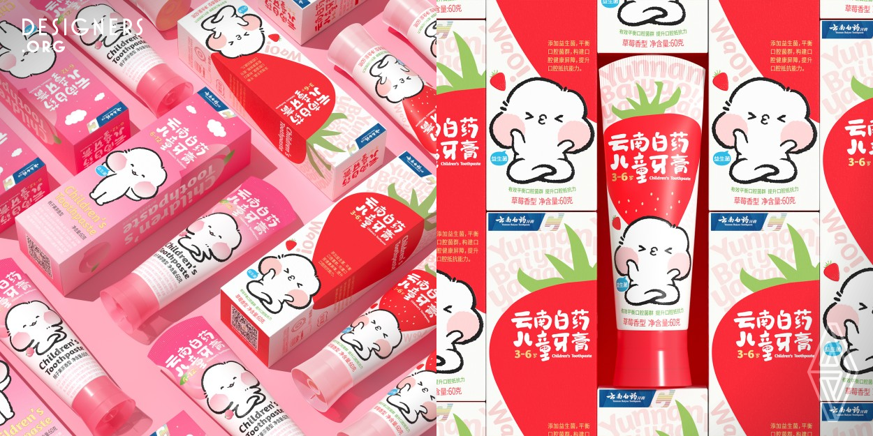 The cloud baby IP image created by combining the brand characteristics of Yunnan Baiyao can not only create unique emotional contact with consumers, but also establish communication between mother and baby. The packaging meets the requirements of horizontal and vertical shelf placement. The strawberry toothpaste box design can be assembled into a larger strawberry graphic symbol to form a more intuitive communication. The combination of pinyin and strawberry graphics in the background and the design of the brand is as easy as a child's painting.