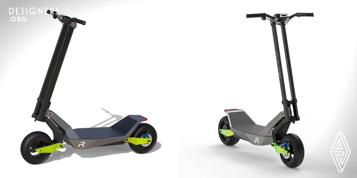 The Reev Cruiser offers the highest degree of safety in micromobility, by incorporating the automotive industry into its design. Uncompromising product design, a durable architecture, and electrical components with numerous high-tech features were created to work in the midst of shaking, stumbling, and heavy rain. The interactions between the scooter and its rider are designed to make the scooter appear to be a living entity. The concept is designed through tin folds for a lightweight, robust, and eye-catching reflections, which also helped to define Reev's true unique design Dna.