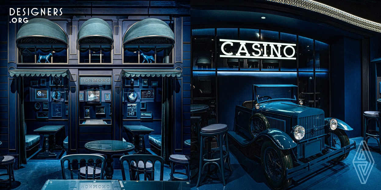 The implication of blue in a realistic vintage design with a surreal monochrome environment showing more design details in a mysterious, calm and elegant ambiance, emphasize the playfulness of the theme. Scenes like a casino in the US, a hotel in the UK, retail in France and a piazza in Rome turned the entire shop into a movie scene. By combining various realistic worldwide vintage scenes and architecture into the abstract world of blue, taking the advantage of a monochrome style to find harmony between different eras and styles, creating a unique art piece in the city.