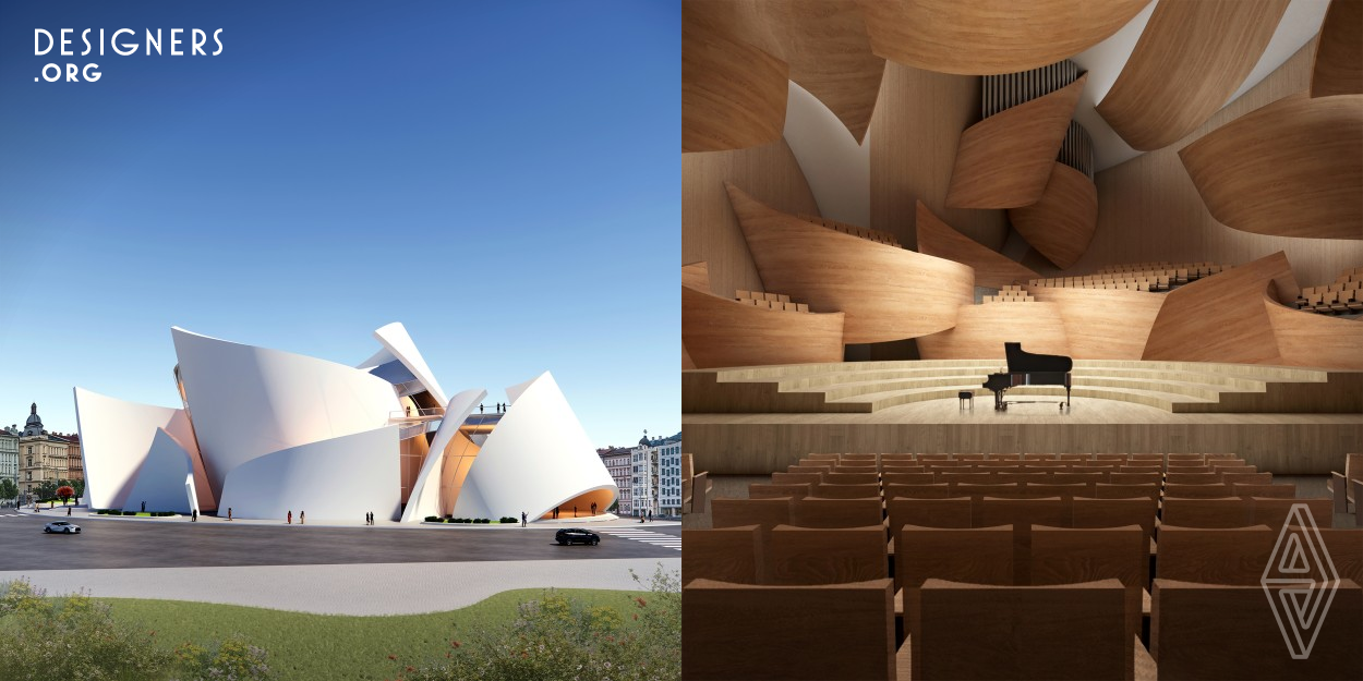 The project is based on the study of architecture and music. The design focuses on how to take inspiration from intangible music and present it in tangible architectural space. The design ultimately combines the two through "tension", a force that is prevalent in both architecture and music. The concert hall is an orchestration of walls, balconies, and acoustic panels, which are developed from a unique architectural prototype by different scales and tectonics. The dramatic contrast of old and new creates a new cultural landmark for Prague.