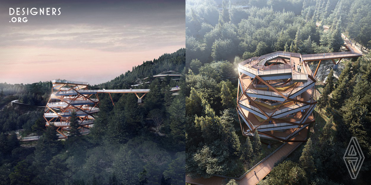 The design comes from the pinecone that can be seen everywhere on Fushan Mountain, which means rebirth and hope. Two paths to satisfy different people. The steps of the inner ring are suitable for a fast pass, and the ramps of the outer ring are suitable for strolling and sightseeing. The two paths converge on the viewing platform at the top, where people can enjoy a wonderful 360 degree visual experience. The project adopts renewable materials, low carbon technology, and assembly technology, which fully reflects the design concept of green, ecological, and open.