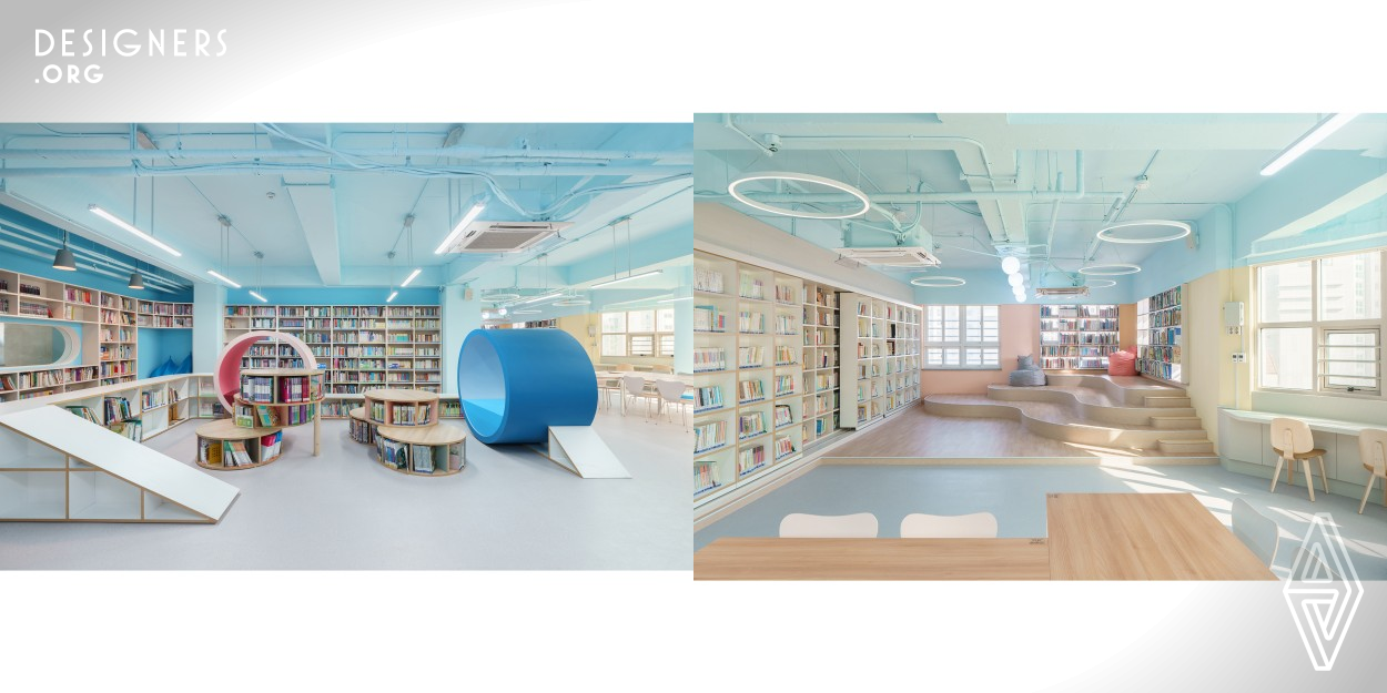 The Oksoo Elementary School Library, a public elementary school, is an old library that was built more than 30 years ago. The school wanted a bright, playground-like library that deviates from the old and outdated look. In order to overcome the stuffiness of the low ceiling, it was remade into an exposed ceiling. In the playground-like library space, the boundaries between playing and reading are ambiguous. Considering that the lighting and ceiling play an important role in creating the atmosphere, the ceiling is painted sky-blue, and the lighting products were selected depending on the space.