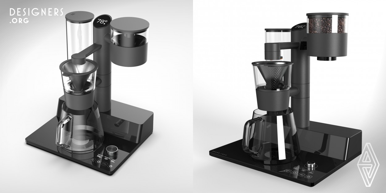 The design is a specialty coffee machine for drip coffee. It has an automated movement of the parts to collect ground coffee and move, with a rotation, to the water outlet position. One button and it's done! The user can modify or pre-set the details of grinding, temperature, and volume of water. The state-of-the-art machine is designed to brew the favorite blends to perfection, with precise temperature control and customizable settings. 