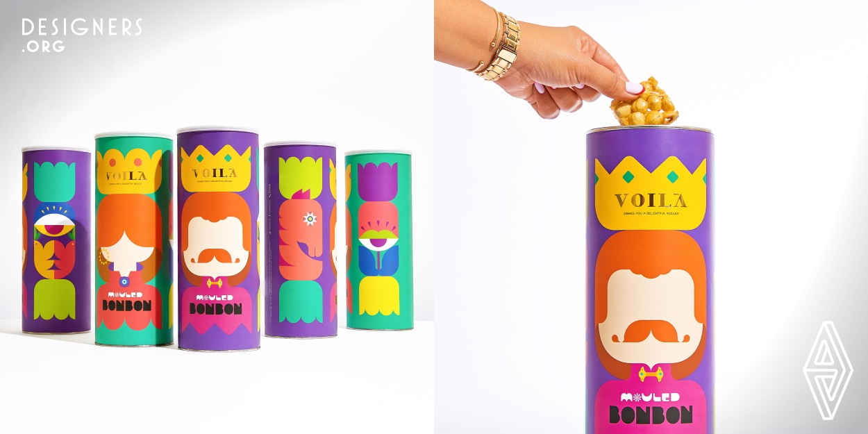 This is a packaging design for special bonbon sized nuts candy only made for the Mouled occasion. The design concept is based on the shape of a wrapped bonbon adapted to the length of the tube. The designer simplified the Mouled traditional folklore festival to minimal iconic elements using clear geometric lines. He created the Doll, Knight, Horse, Evil Eye, and Dove with vivid color blocks. Using the same geometric style, he created the Mouled Bonbon bold typography bringing the concept together. This Mouled Bonbon is a modern take on an ancient conventional celebration.