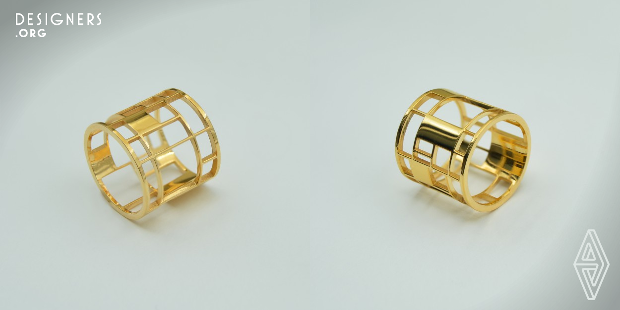 The Unity ring's creator, who was inspired by the 1917-founded De Stijl movement, wanted to use simple geometric shapes like rectangles and cylinders to create an abstract composition that was both straightforward and cohesive. The repetition and alignment of many rectangles of various sizes, some of which are set to be hollow and others to be filled, will produce a rhythmic pattern, communicate a sensation of movement, and provide the viewer's eye with a path to follow.