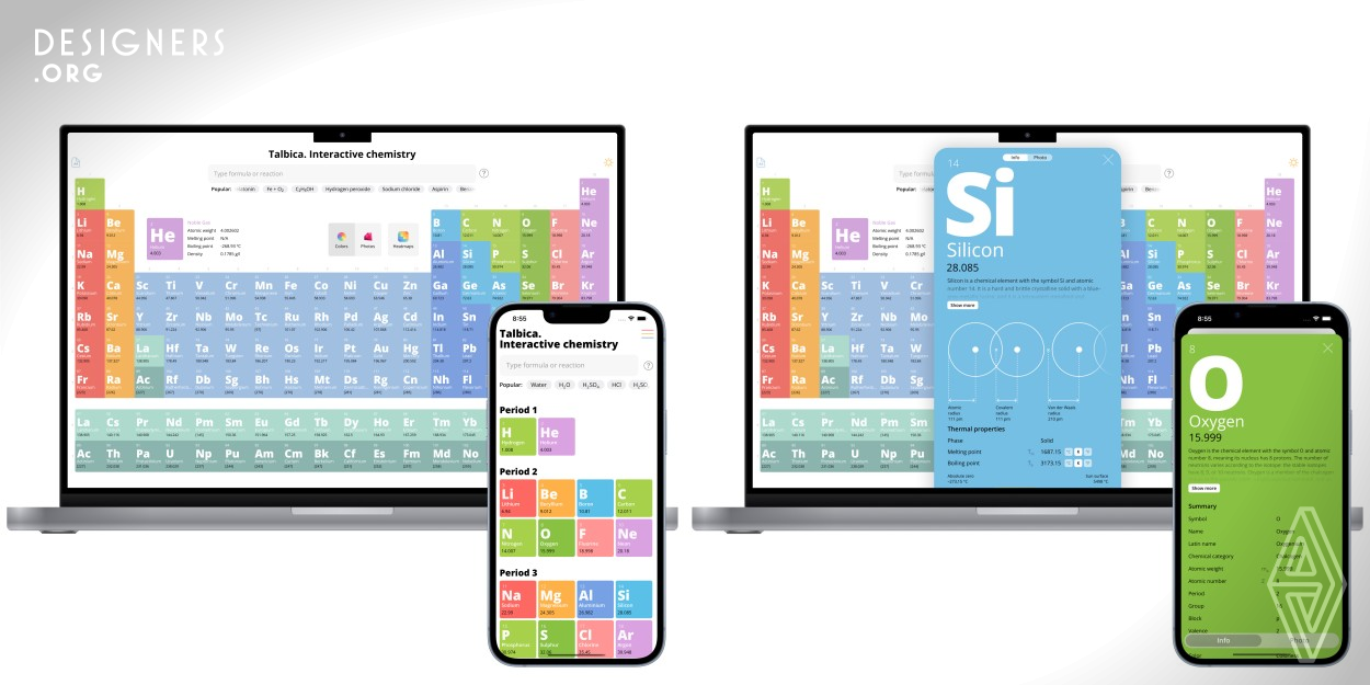 Talbica is a reinvention of the Periodic table. More than 60 properties are provided for each element with rich infographics and neat typography. Users can see animated atomic models, molecular radius scheme, crystal structures and temperature ranges. Heat Maps is a tool for data visualization. Users can see distribution of properties along the table with colorful gradient maps. A hi-res photo is provided for 90 elements. Thousands of compounds are represented with 3D molecules. Talbica also features a photo-mode with beautiful space animation on background.