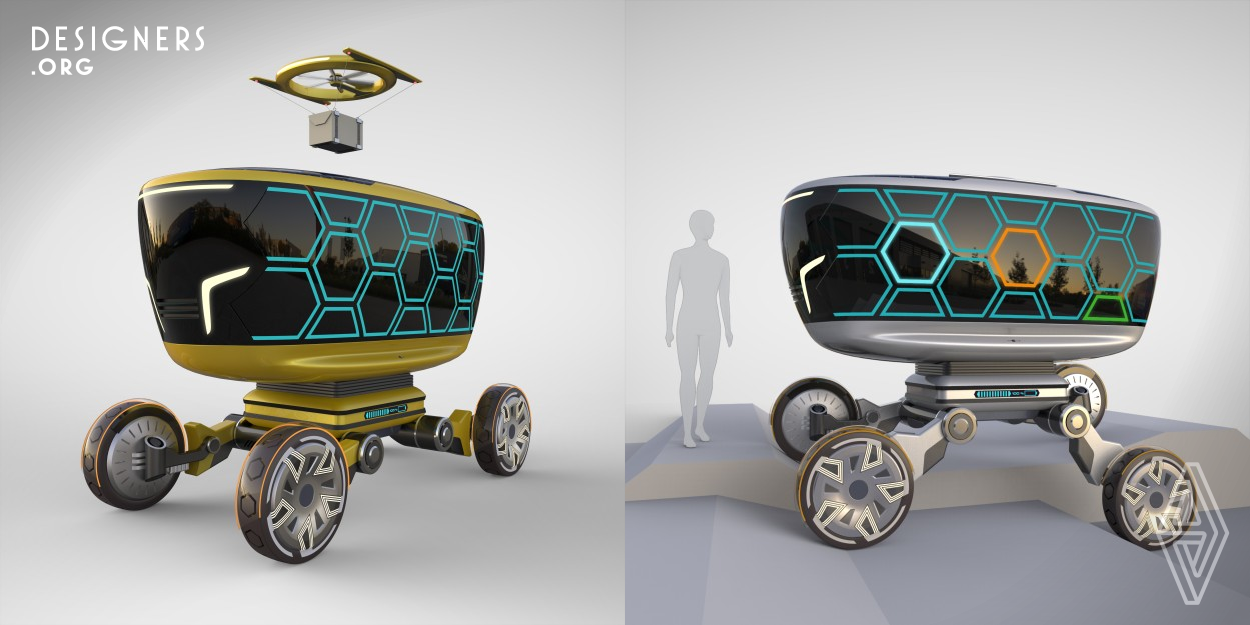 Modern e-commerce requires fast delivery of goods in narrow city streets as well as to hard-to-reach destinations. Buzzy Bot is a robotic delivery vehicle with a total of 34 automated drawers for storing goods at different required temperatures. It has a cargo drone for transporting packages to more distant places. Wheels with an adaptive joint-mechanism easily overcome obstacles on uneven terrain. The independent rotation of all wheels enables easy maneuvering in tight spaces. The electric drive system is powered by solid-state batteries and additional solar panels on the vehicle's roof.