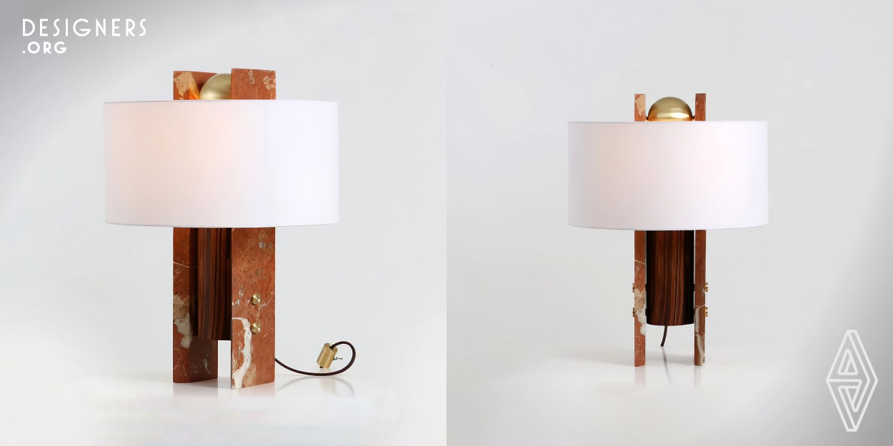 The Lamp combines warm and cool materials, accentuating natural elements and evoking nostalgic feelings. Featuring Rojo Alicante marble, walnut wood, brushed brass, and a linen lamp shade, it creates a striking visual. Its design uses natural materials for a sturdy, comforting look, drawing inspiration from 1950s-1960s Brazilian design, architecture, and art. The goal was to create a refined, luminescent piece that brings calming, sunset-inspired lighting. The design incorporates primary geometric shapes, showcasing the beauty of materials and textures for a naturally contrasting result.