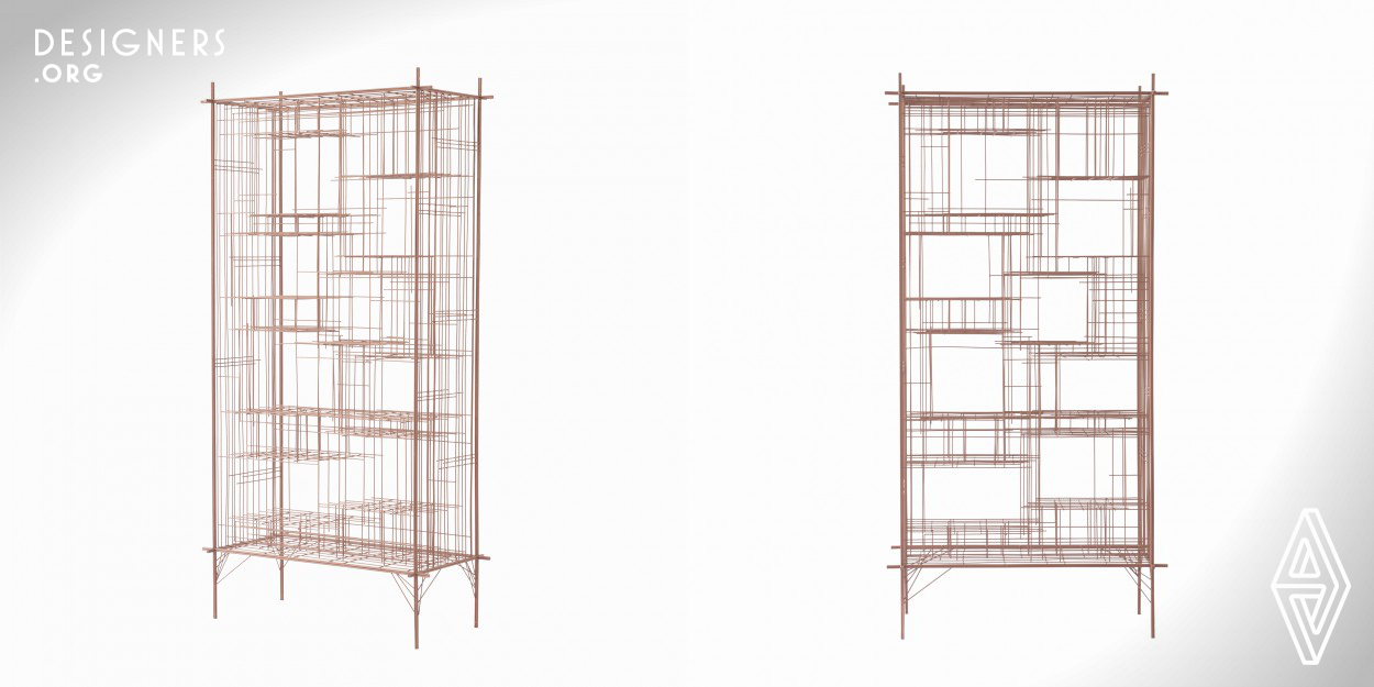 Sketch shelf is an orderly shelf within chaos. Made by digital design method. The design inspiration of the shelf is the building steel skeleton under construction at the construction site. Designer combined line to create a space for storage by using algorithm. Line can be constituted methodically in chaos. Seen from a distance, it is a mess of lines, but it is actually a shelf. And these special shelf come out with not only answers of finding uncertainties, but also beauty of modern technology and art.