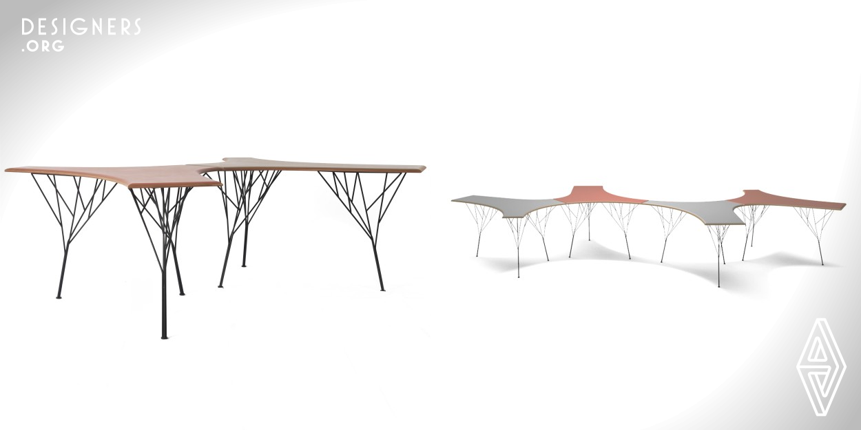 Digital design, a dynamic design style, pursuing uncertainties, can create a huge amount of variate by logical algorithm, as well as interact  with human.Growth is a structural form with strong vitality.designer tried to grow a table like a tree. It has an irregular desktop, which is made by Medium Density Fiberboard, and hold up intricate and branch like steel legs. Besides, users can arrange tables into different kind of patterns with mathematical logic. It is used in an open office or coffee shop to make the space more rhythmic. Curve desktop facilitates communication.