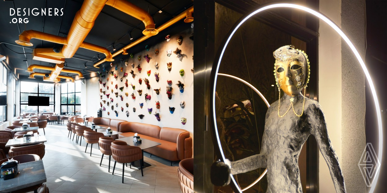 The main concept was inspired by colorful masks in luxury black and gold interior design to stand out among other competitors' cafes in Jeddah city. There are so many similarities between Venice in Italy and Jeddah in Saudi Arabia. Therefore, the inspiration was Venice with its luxurious parties where they should wear masks to hide their identities. The masks used on the walls were brought from Venice to Jeddah to be used for this unique interior.