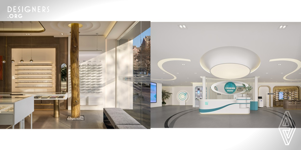 The shape extends from the outside to the interior. Through design, it advances to create a profound visual effect and achieve the combination of medicine and art. The environment of the hall represents the overall image of the hospital. The eye shape in the middle adopts Visual Identity color of Tianjin Eye Hospital, which is in contrast with the white color around it. The decorative ceiling on the second and third floors follows the shape of the one floor. The seven circles are formed as a whole, and the natural streamline creates a warm environment.