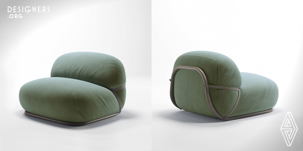 The Brace armchair was created with the user's comfort in mind. It features adjustable belts that secure the soft cushion to the frame, adding a playful element to the design while enhancing the user's experience. The chair's round shapes and functional details are elegantly crafted, distinguishing it from traditional seating options. It is versatile enough to be used both indoors and outdoors.