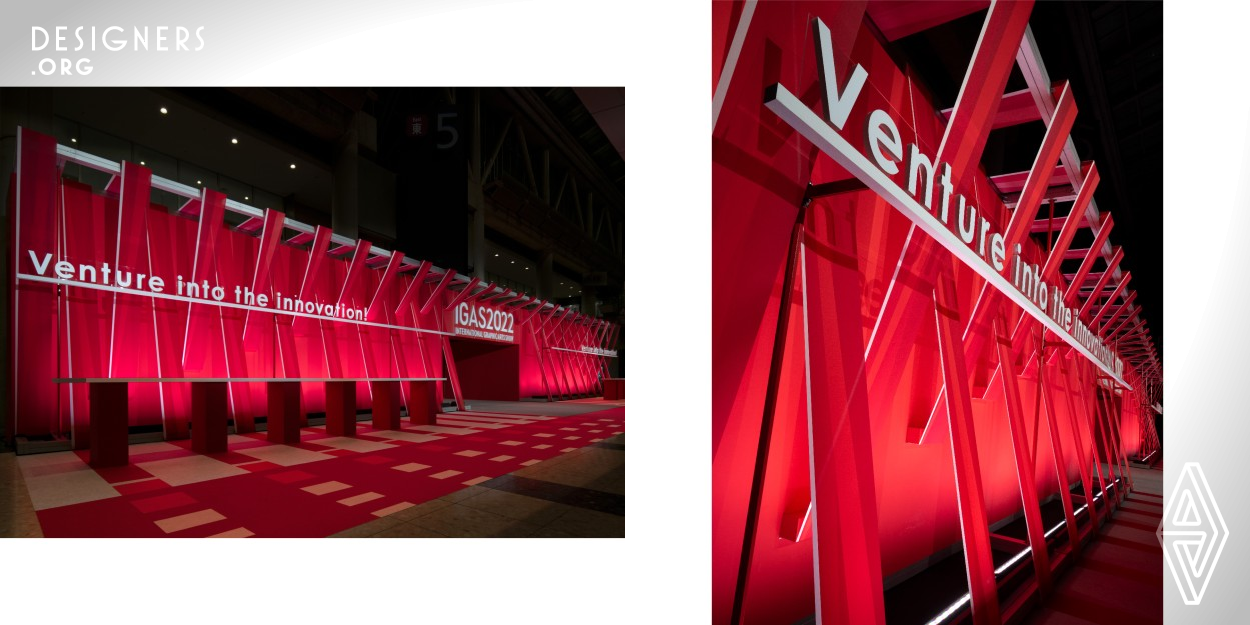 Red Wave was installed as the entrance structure for the International Graphic Arts Show 2022. It means the rich red made possible by technology and the movement of the heart that is moved by it. The energetic red color and fluid form symbolized an enthusiastic exhibition with active business negotiations, not fearing the stagnant conditions caused by the Covid. Red Wave was also used as a design concept for the special exhibition area, guidance signs, online contents, etc. within the venue, giving it a sense of unity to reduce visitors' stress of moving around.