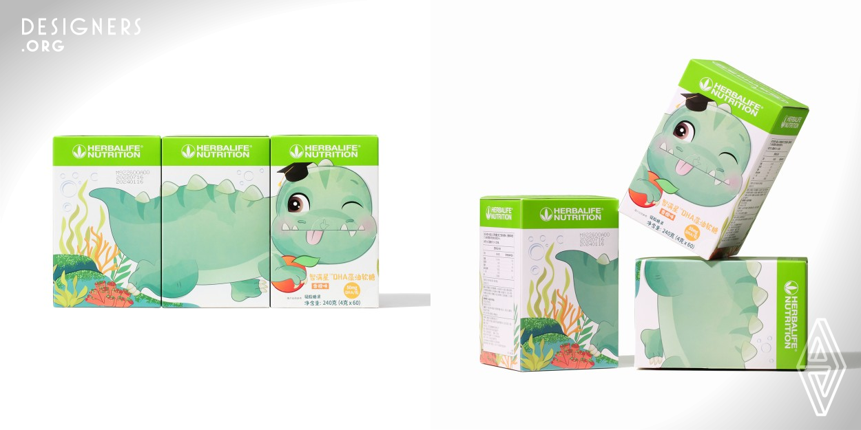 This is a DHA algal oil gummy packaging, designed with a cartoon dinosaur image as the theme, which throughout the carton packaging, the inner packaging and gummy shape. The designed structure combines the opening position with the mouth of the dinosaur and the teeth of the dinosaur also locks the silo when closed, so that it can be used as a storage box after eating. The story illustrations inside the packaging are interesting and educational.