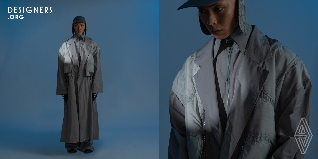 In the era of information explosions, humans are stimulated by various environments. The messages that are received in one day actually are far more than one person could undertake. Consequently, these clothes are aimed to consider a protective layer to stabilize in this world. This collection perfectly embodies the concept in daily life. It easily can tell the whole concept from the appearance of the garment. Not only from the outline of the clothings but also from the texture and brand-new printing pattern.