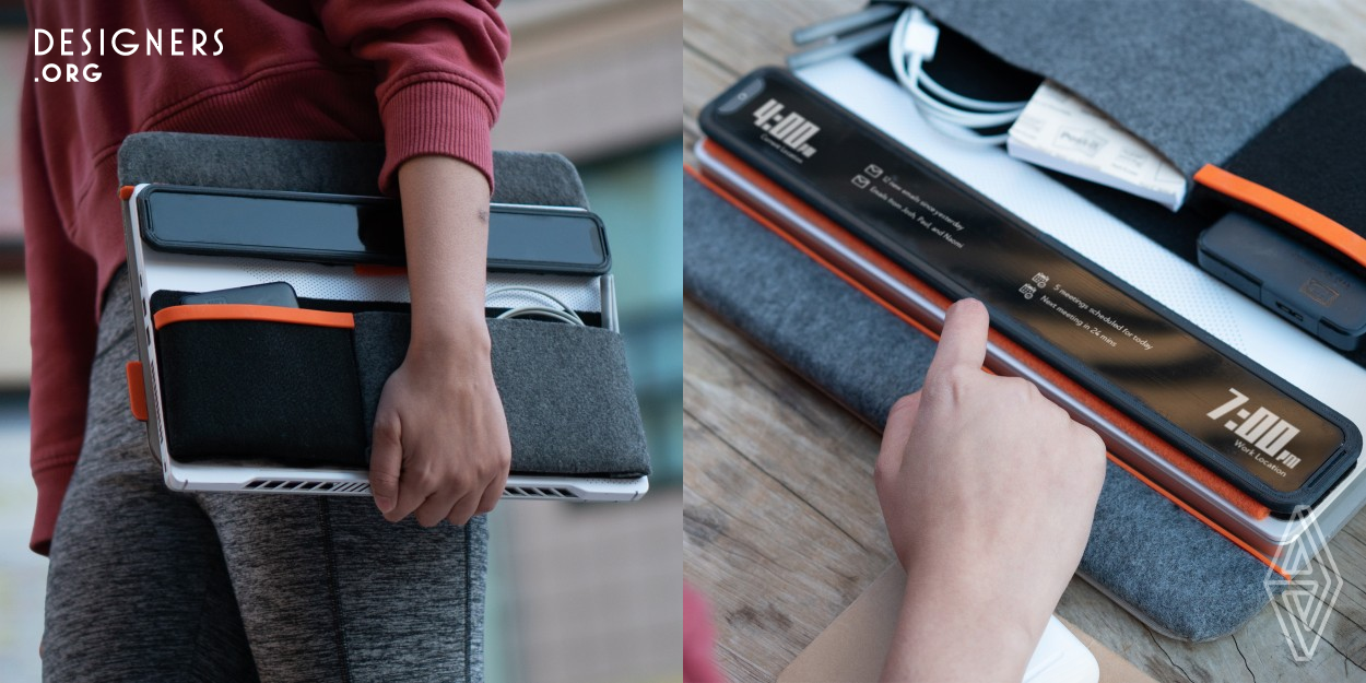 Sleeve is a laptop accessory designed for modern travelers. Engineered to enhance productivity and comfort on the go, the Sleeve features a productivity screen that extends beyond the user's device. By eliminating the need for dual-screen monitor systems, the Sleeve reduces travel load. It also includes an organizing module for neatly arranging cables and peripherals, and a comfort module with an ergonomic design for extended use. With the Sleeve, users can overcome common challenges faced while working and traveling.