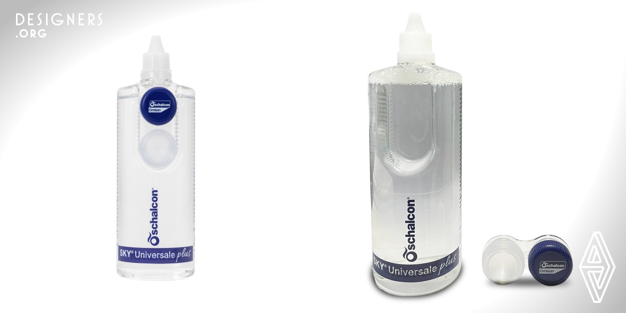 Thanks to its patented bottle design, Schalcon Sky Universale Plus is an all in one solution for the complete maintenance of contact lenses. It represents an innovative lifestyle benefit for the consumers, a lens case is inserted on the bottle and easily slides in and out of the holder: convenient, practical and easy to carry along with the product. This ingenious and forward-thinking patented design means: less pollution and waste, but also less weight and space. The elegant design makes optimal use of space and conveys a lightness and weightlessness of form.