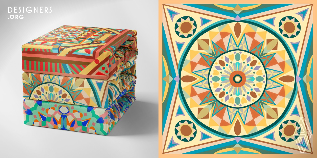 Based on the theme of One Belt, One Road, the work combines kaleidoscopic structures with domes of different cultural buildings. In terms of color and structure, this work shows three representative important nodes on the ancient Silk Road: mosque, European and Chinese dome features, forming unique pattern decoration and injecting connotation into the visual effect. The three works are different from each other but do not deviate from the overall theme, forming a complete series of works.