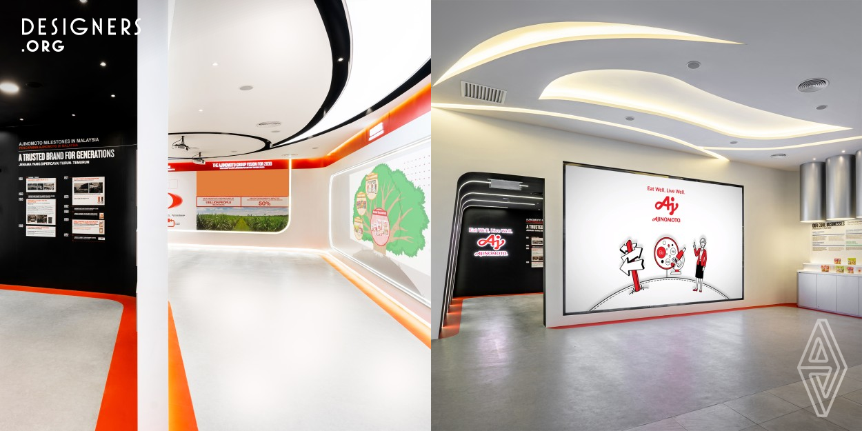 The design team has asked to design a Customer Service Centre for Ajinomoto's new factory in Bandar Enstek Halal Hub, Negeri Sembilan in conjunction with its 60th Anniversary in Malaysia. The new smart factory is integrated with advanced technology which consists of an Infoseum, Auditorium, Cooking Studio, Hands-on Lab, and Presentation Room to engage with all range of customers. Infoseum was created to provide a futuristic journey to present Ajinomoto corporate information.