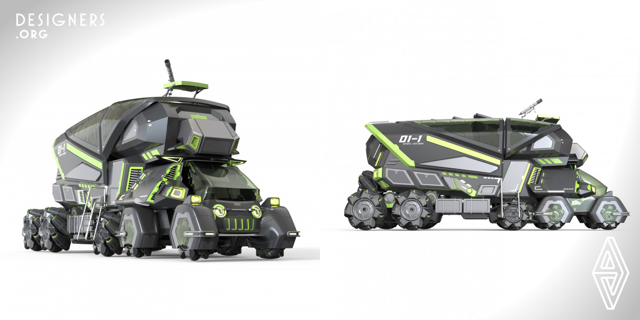 The explorer scientific research vehicle is a large-scale survival all-terrain vehicle used for scientific research and investigation in extreme environments. Its color scheme is inspired by chameleons, and its modular structure is derived from the bionics of frog bones. The explorer scientific research vehicle has spacious living and scientific research compartments, and various modular driving modes. By analyzing different natural terrains and climates, it can adapt to various harsh environments and provide researchers with better living and scientific research space and driving experience.