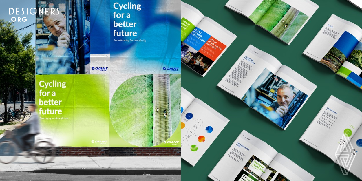 Giant Group is a leading advocate for sustainable mobility in the cycling industry. This ESG strategy consolidates Giant Group's sustainability vision into three strategic pillars visualized through dynamic branding elements. Gradient colors and circular shapes symbolize the company's commitment to driving positive environmental and social impact through a broad spectrum of initiatives. 