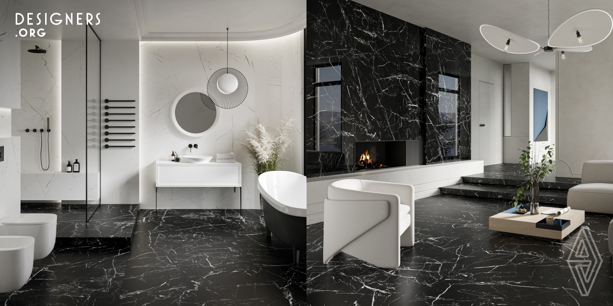 Marmo: elegant and unique. The black and white combo fits in with minimalism or graphic trends. Pairs ideally with wood, greenery, but also creates an unlikely whole with vivid colors. The pattern perfectly reflects the intricate veining of marble, and due to the innovative manufacturing technology, tiles can also be used outdoors. The multi-format collection is available in two colors and surface finishes: polished and structured, which perfectly imitates the texture of natural stone.