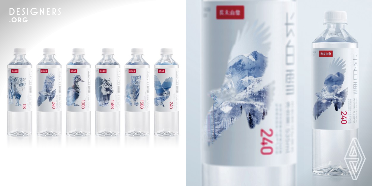 Changbai Mountain White Snow Natural Spring Water is derived from the primitive forests of Changbai Mountain following the melting of the ice and snow covering the northeast regions of China. A visit to this remote water source in Changbai Mountain creates a feeling of a vibrant environment. The designers hope that consumers can immerse themselves in this precious water source, by turning the bottle and observing the agile figures of wild animals and the changing light and shadow of the real-life snow mountain. The designers hope that this product can awaken people's love for nature.