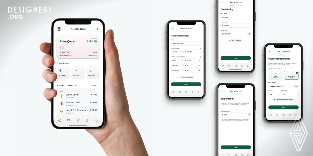 Allowonce is a mobile app concept designed to help young adults manage, plan, and limit their spending in one go, by issuing a monthly virtual allowance card. By spending money on their on Allowonce cards, users can easily limit their spending to the desirable monthly budget and record / track their spending more efficiently by putting a label to it right after they made a payment. Since budgeting, planning, and tracking spending are all incorporated into the process of issuing an Allowonce card, there is no need for users to download multiple apps to manage their finances. 