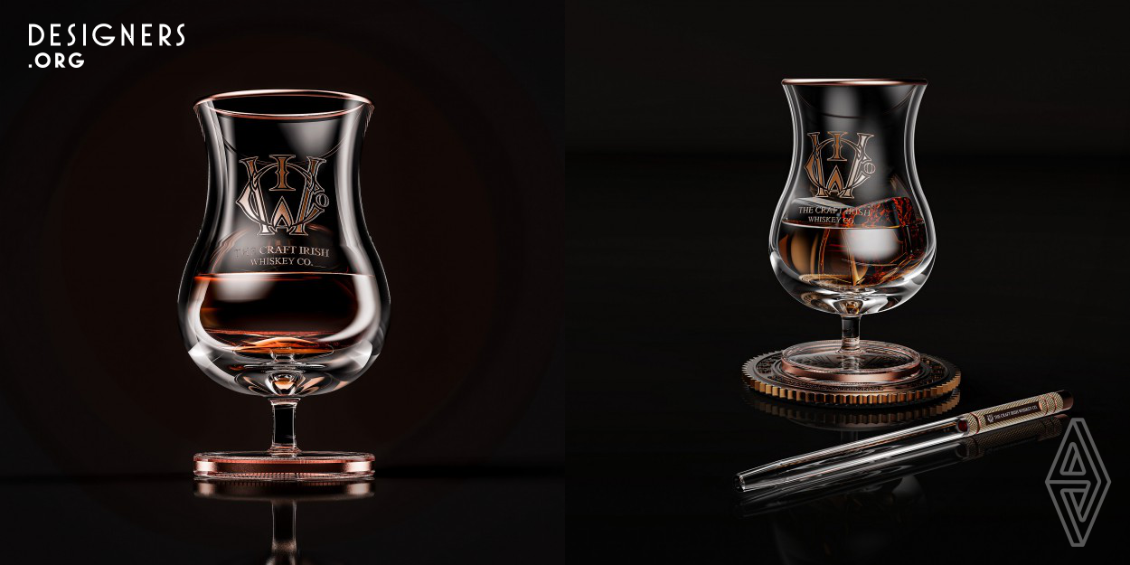 The Finn was designed as the ultimate tasting glass for the whiskey aficionado, where every element has been carefully conceived to allow the drinker to taste and nose the whiskey. The stem allows the drinker to elevate the whiskey, toast and proceed to nosing with optimal control, whilst the thicker glass density ensures the environment has no effect on the temperature of the whiskey. The Vortex Point, bulb and chicane come together to remove the ethanol vapour, ensuring the drinker can detect every layer of flavour and aroma that have developed through decades of time, craft and skill.