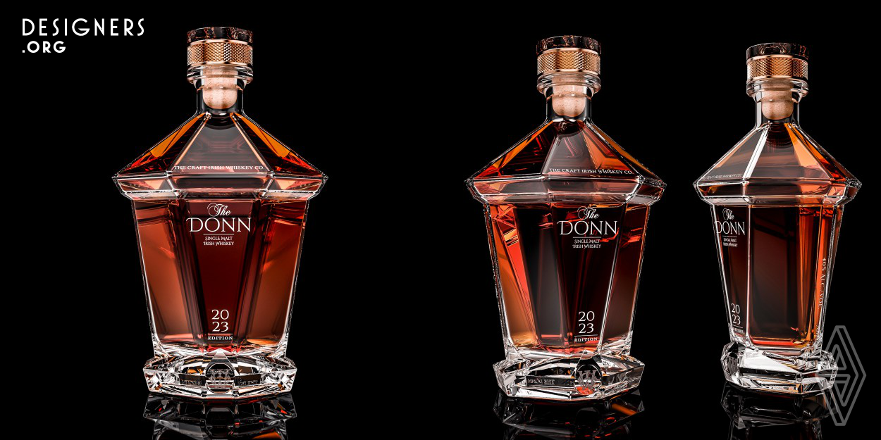 The Donn symbolizes the youngest of The Craft Irish Whiskey Co. range; a gateway to the core values of the brand as of an immersive experience around this or any product that CIWC develops. No accessories are spared, no details too small. From a disruptive, statement bottle design, to an immersive see-through box, the user can find every single component that can truly provide the perfect whiskey experience for one. Glass, pipette and stones, all safely secured onto the suede backing of the box, create a secure display of accessories, complemented with the soft touch of leather detailing.