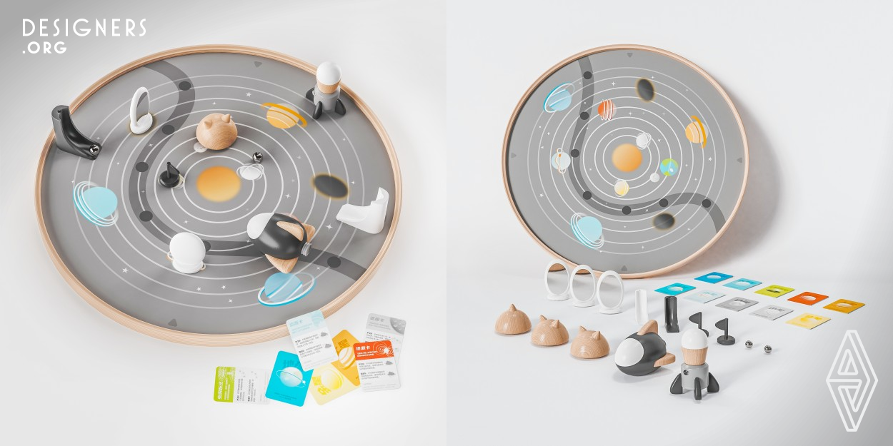 Startracks is a steamboard match board game. Set in the context of interstellar exploration and based on astronomical knowledge, Startracks uses rubidium magnets to simulate the gravitational pull of the planets, allowing children to visualize the presence of gravity and immerse themselves in the game environment. In addition, the game's various mechanics are based on basic astrophysical knowledge, which makes the game fun and educational for children and stimulates their interest in learning astronomy and physics.