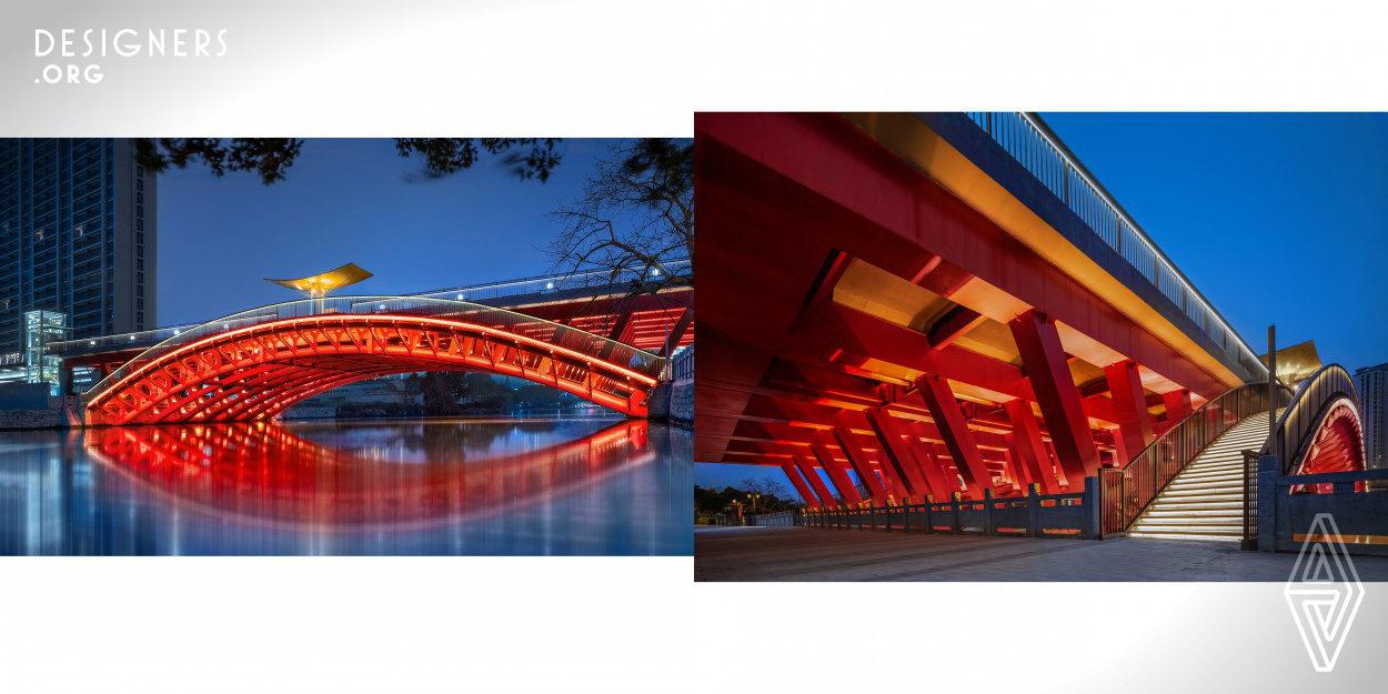 Located in Nantang Cultural Tourism Zone and Wenruitang River Scenic Belt in Wenzhou, Longfang Bridge is a critical project for integrating vehicle and pedestrian traffic as well as expressing Tanghe Culture. Our design expresses spatial hierarchy and local culture through the contrast of lighting design colour tones and brightness between main bridge and pedestrian bridges. Lighting integrates with the structure and merges the bridge with the quiet, peaceful and romantic atmosphere of Jiangnan canal town, turning Longfang bridge into an iconic local tourist attraction over Wenruitang River.