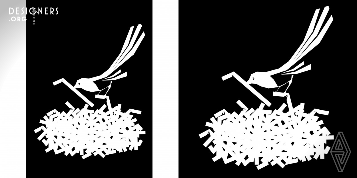 The poster uses simple black and white graphic visual language and humorous presentation form to give the audience a vivid visual experience. Through the nesting of birds, no branch material can be found for nesting. Instead, plastic straws are used as nesting materials, reflecting the serious environmental damage. It is hoped that the audience can think about the deterioration of the environment, and also call on people to pay more attention to protecting the environment and forests.