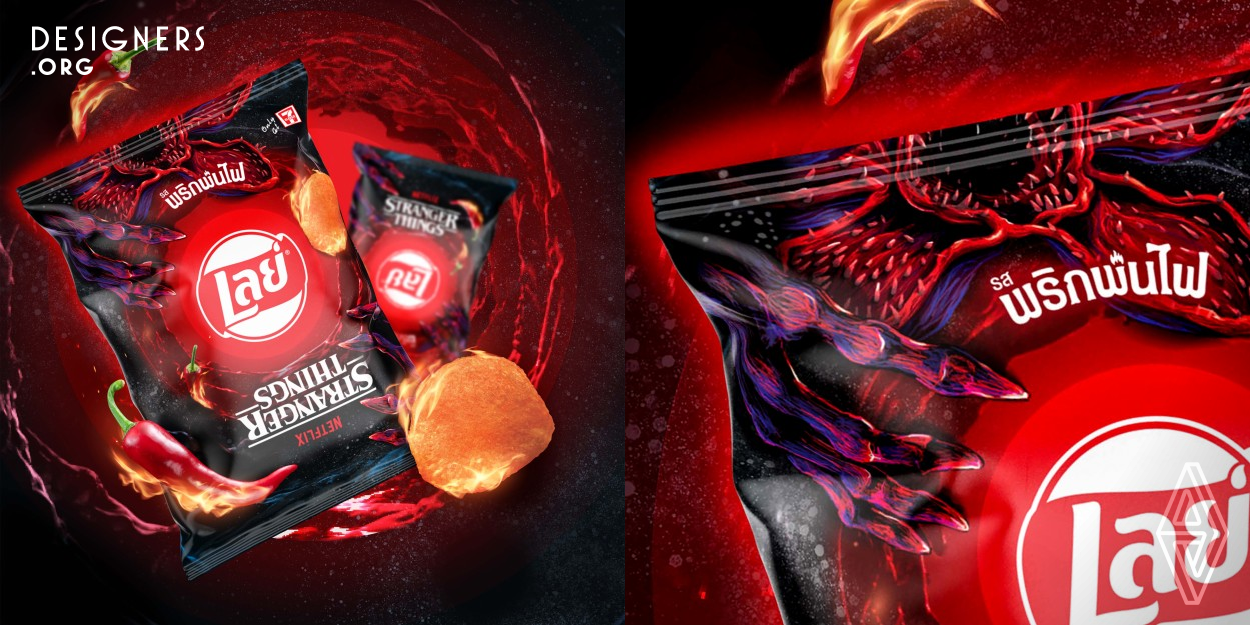 The Stranger Things fan base is a devoted one with a global following, and they will happily immerse themselves in all things "Upside Down". Knowing this, Lay’s collaborated with Netflix to create limited edition packaging that would create excitement and build awareness for the much-anticipated launch of season 4. The Design Team turned traditional packaging design principles on their head to deliver a buzz-worthy and collectible Lay’s x Stranger Things design to delight the show’s fans.