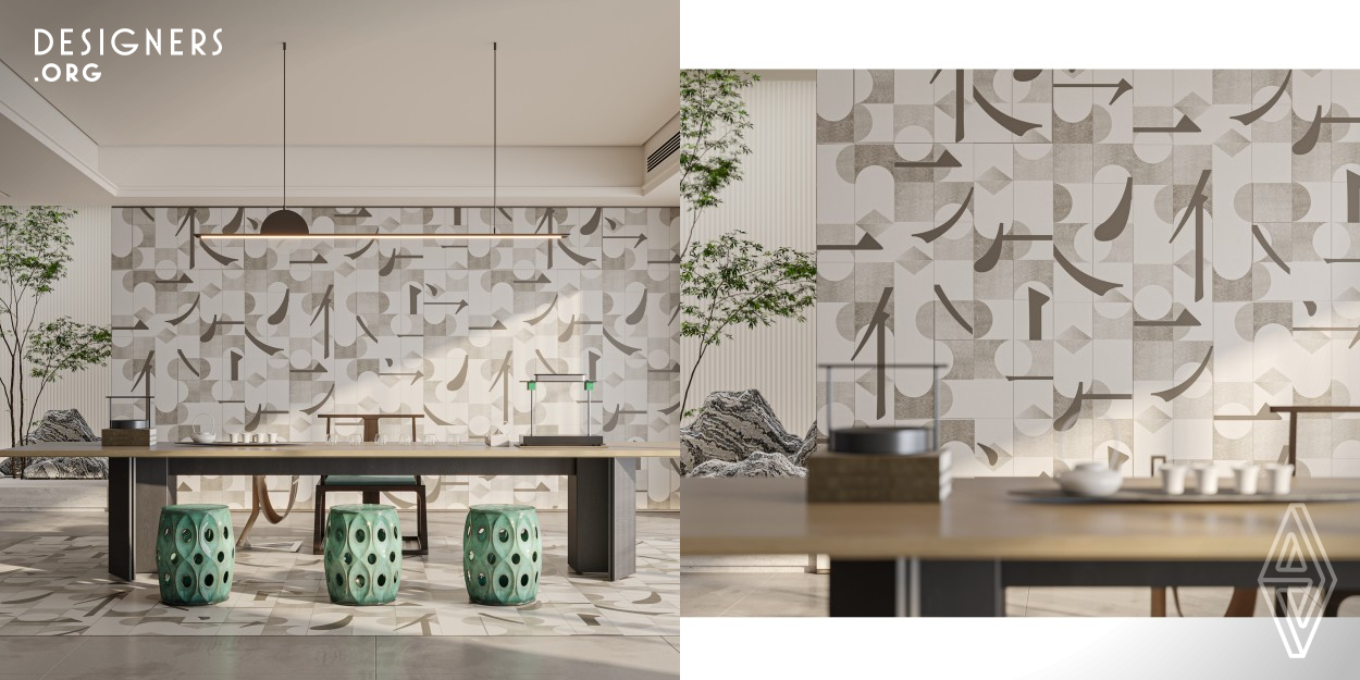 The multifunctional tile is made from stone plastic composite which features the color of splash-ink landscape painting as the underpainting, combining gray shadow wood pattern and plain wallpaper with modern geometric shapes. It has rich application scenarios, which can fit high-humidity environments on the floor and walls according to design needs. Made of 5 layers of materials, the production process adopts high-temperature and high-pressure technology, ensuring high quality, comfort, and safety.