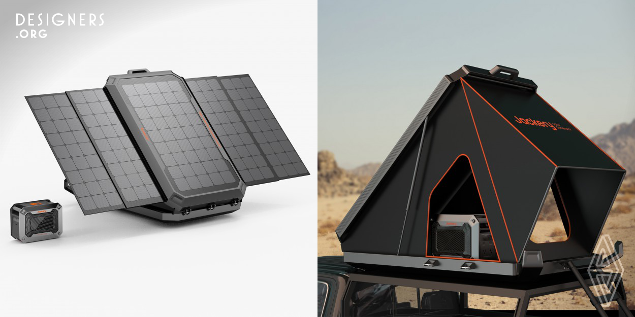 Jackery Explorer is a PV, ESS and Charging integrated system with a PV charging integrated vehicle-mounted tent and Jackery outdoor power supply. After the vehicle-mounted tent converts electricity through a PV roof system, it stores the electricity in Jackery outdoor power supply to jointly complete the sustainable utilization of sunlight as a clean energy source and provide power for outdoor activities. A PV, ESS and Charging system for outdoor lovers.