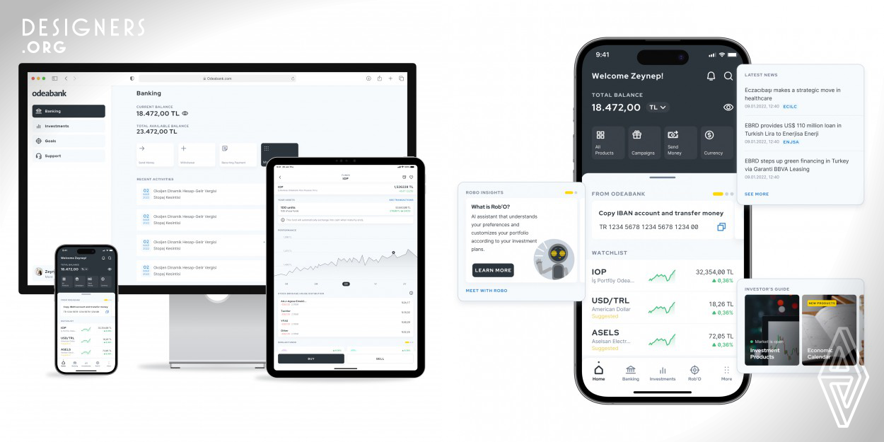 Odea is a super-app that will work as a comprehensive financial tool for Odeabank customers. It is a holistic investment solution in the Turkish market. The vision of the company is to be the "phygital" bank of Turkey. Odea's design allows customers to see all financial products and balances at a glance, giving the user a sense of clarity and easy access to necessary information. Odea offers a bespoke approach to financial products that support business growth and drive adoption of the digital channel.