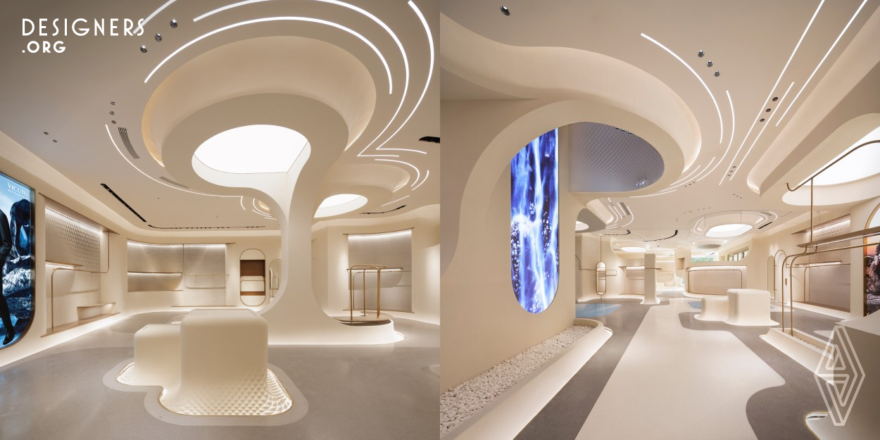 The Concept Store for the Vicutu Fashion Brand, located in Beijing urban area, providing customers with a unique experience. A large-scale three-dimensional metal weaving system is adopted, which reflects the production process and fabric properties of men's clothing on the facade. Within the interior of the concept store, the whole space language simulates the phenomena in the nature, creating an immersive place for the visitors. Curved growth walls and dynamic skylight guide customers into different display areas. 